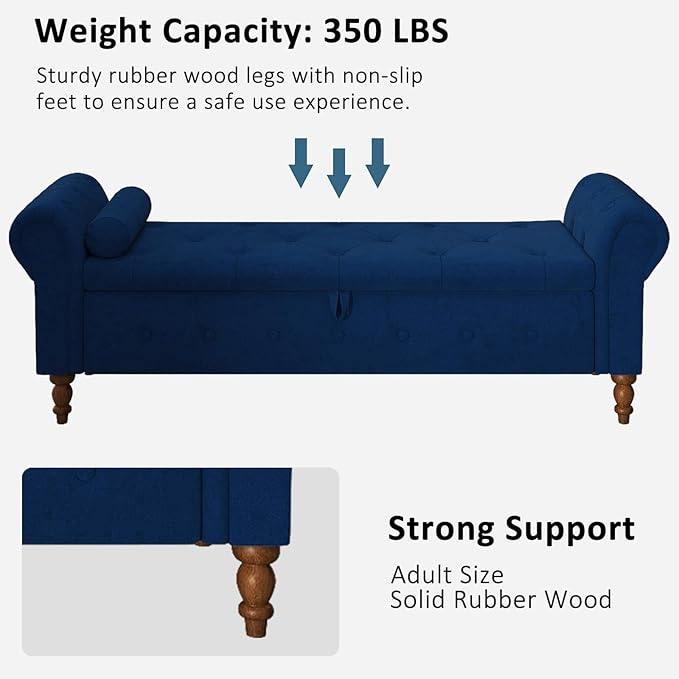 Storage Ottoman Bench for Bedroom, 63" End of Bed Bench with Rolled Arms Upholstered Ottoman Bench Fit for Bedroom, Living Room, Entryway, Velvet Navy Blue