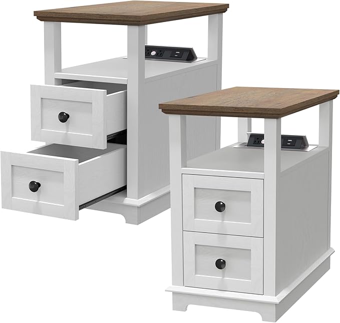 HIFYOBRO End Table with Flip Top Charging Station Set of 2, White Side Table with 2 Drawers, Type-C & USB Port & Power outlets, Narrow Wooden Storage Cabinet for Living Room and Bedroom
