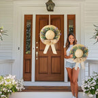 Dilicoming Spring Eucalyptus Wreaths for Front Door - 16 Inch Summer Fall Straw Hat Wreath with Bow, Women Gift, Indoor Outdoor Wreaths for Wall, Window, Farmhouse, Party, Holiday Home Décor