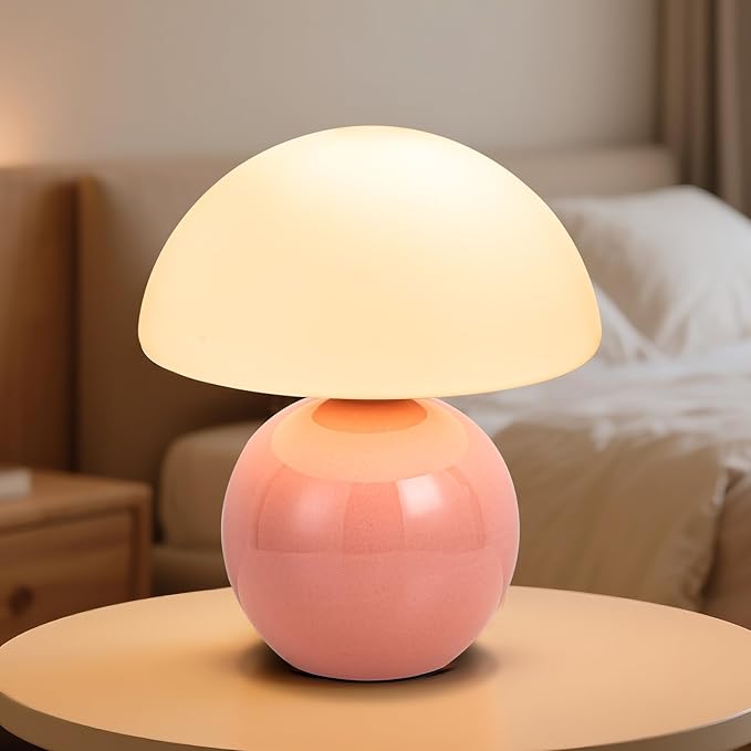 Mushroom Table Lamp, Ceramic Base with Milky White Glass Shade, Vintage Dimmable Bedside Nightstand Lamp for Bedroom, Reading, Home Décor, Gift for Friends Pink