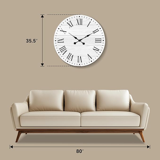 Large Wall Clock with Roman Numeral, 35” Shiplap Wall Clock Farmhouse Nearly Non-Ticking, Round Clock for Living Room Decor, Office, Bedroom, Entrance, White
