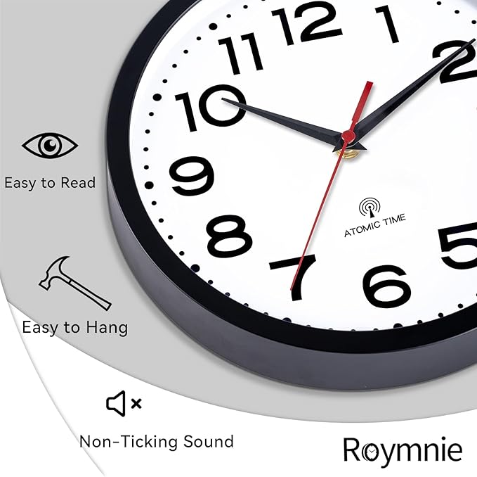 Atomic Wall Clock 14 Inch, Modern Clock Battery Operated Classic Analog Decorative for Kitchen, Living Room, Office, Bedroom, Bathroom (Black)