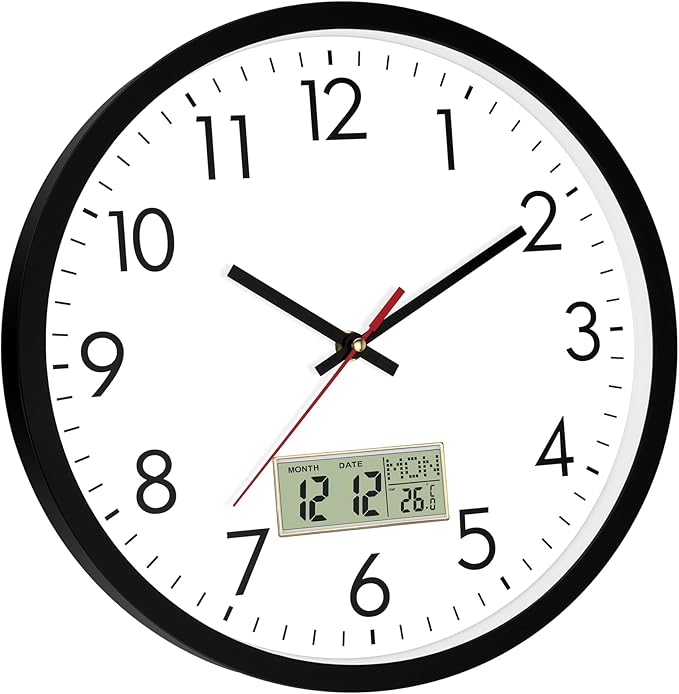 Lumuasky Wall Clock Digital 12" Non-Ticking Silent Battery Operated Analog with LCD Display for Perpetual Calendar and C° Temperature, Ideal Modern Home, Bedroom, Kitchen, Office Decor