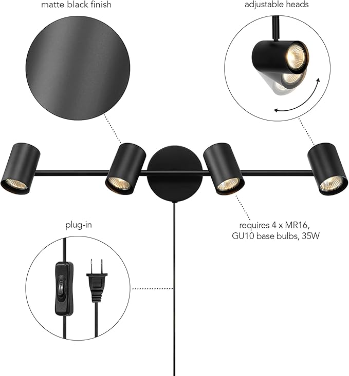 Globe Electric 64000119 26" 4-Light Plug-in Track Lighting, Matte Black, Pivoting Track Heads, 15-Foot Black Cord, in-Line on/Off Rocker Switch