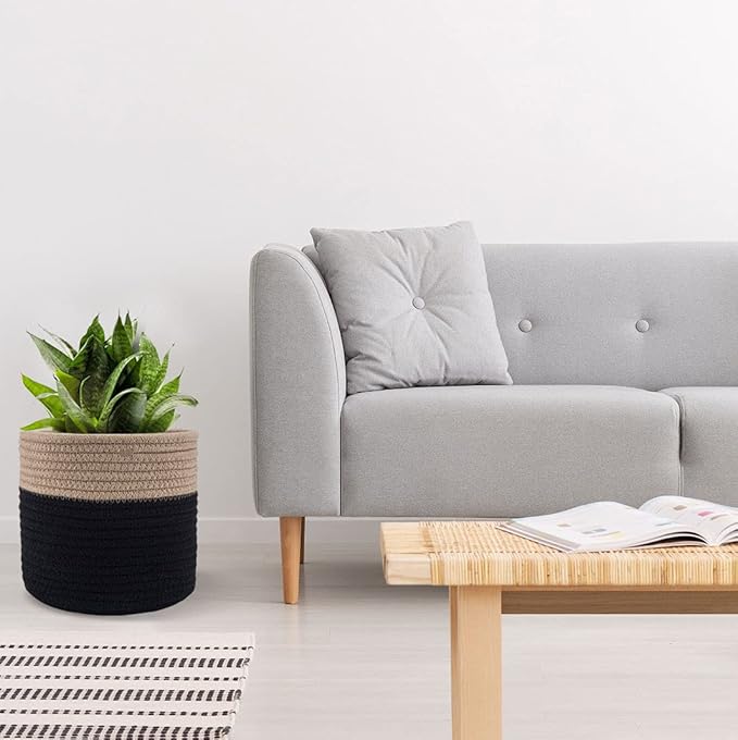 Woven Cotton Rope Plant Basket for 6" Flower Pot Floor Indoor Planters Flower Pot,Home Decor Storage Organizer H6 3/4" x W6 1/2" Black&Brown