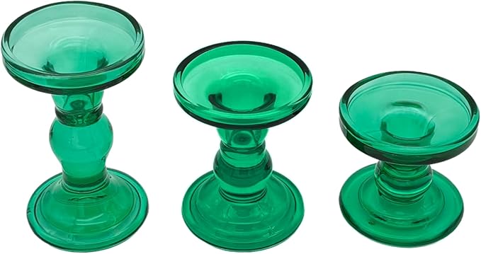 Green Glass Candle Holders Set of 3 Clear Candlestick Holders Vintage Candle Stands for Pillar Taper Candle Tealight Home Decor Table Centerpieces Christmas, Candleholder Sets with 4 Pcs Taper Candles
