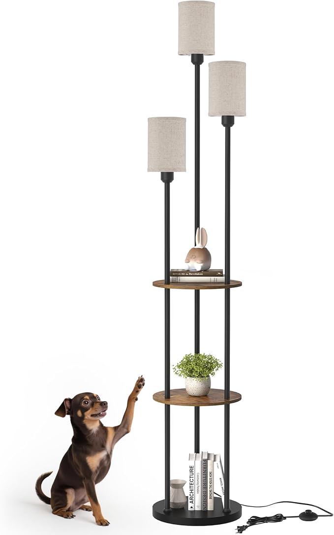 Floor Lamp with Shelves, Modern Floor Lamp with 3 Linen Shades and Foot Switch, 3-Light Standing Lamp, for Living Room, Bedroom, Study, Office, Rustic Brown and Beige EF53LD05