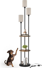 Floor Lamp with Shelves, Modern Floor Lamp with 3 Linen Shades and Foot Switch, 3-Light Standing Lamp, for Living Room, Bedroom, Study, Office, Rustic Brown and Beige EF53LD05