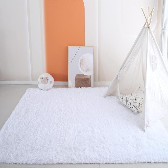CAIYUECS Shag Area Rug,Indoor Ultra Soft Plush Rugs for Bedroom Living Room, Non-Skid Modern Nursery Faux Fur Rugs for Kids Room Home Decor (4x6 Feet, White)