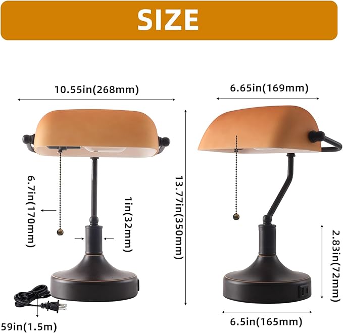 Vintage Bankers Desk Lamp with Pull Chain Switch, Traditional Desk Lamp with USB A and Type C Charging Port, Oil Rubbed Bronze Table Lamp with Amber Glass Shade for Office, Library, Study Room