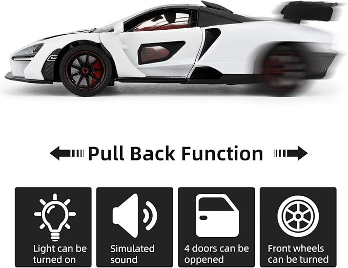 1:24 Scale Car Model Compatible for Collectible McLaren Senna Super Sports Car Toys, Zinc Alloy Pull Back Toy Vehicle with Sound and Light for Adult Boys Girls 3 4 5 6 7 8 (White)