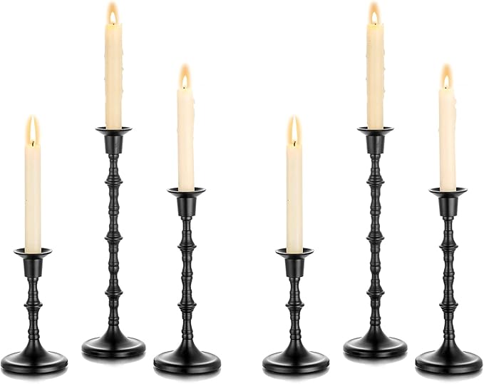NUPTIO Candle Stick Holders for Halloween: Set of 6 Matte Black Taper Candlestick Holders - Bulk Antique Tall Candleholder for Fall Thanksgiving Christmas Kwanzaa Shabbat Table Fireplace Decor