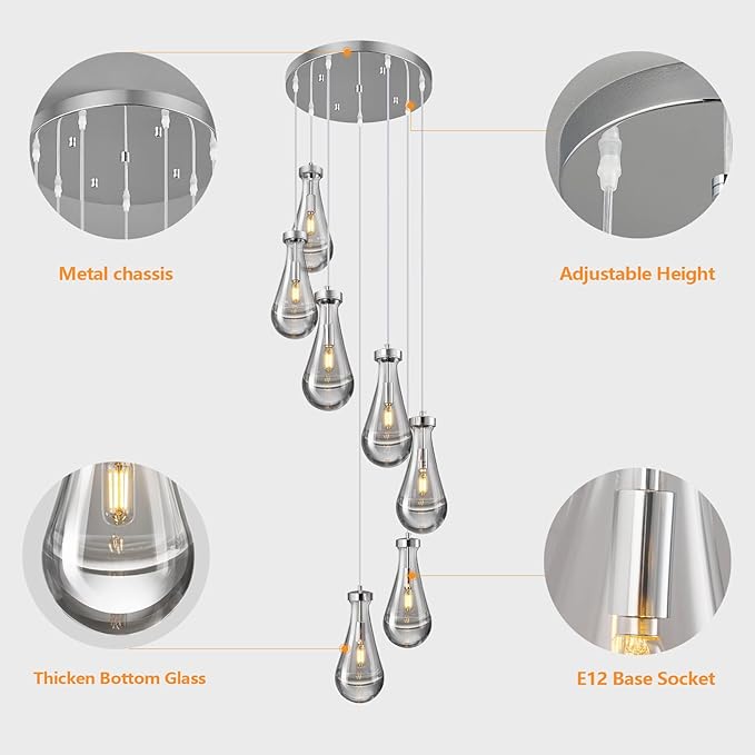 Raindrop Pendant Lights Kitchen Island Teardrop Chrome Hanging Light Fixtures Clear Solid Glass Pendant Light Modern Chandeliers for Dining Room Porch Corridor Living Room(7-Light)