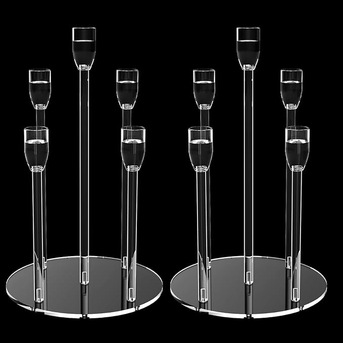 5 Arm Acrylic Candle Holder Stand Elegant Crystal-Clear 3 Tier Stems for Flameless LED Candles Modern Spiral Twist Design, Sturdy 7.09" Round Base Perfect for Weddings & Home Decor (2, Candelabra)