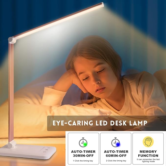 Led Desk Lamp, Desk Lamp with USB Charging Port, 5 Color Modes, 10 Brightness, Natural Light, Eye Caring Reading Lamp, Desk Light for Home Office, Table Lamp, Touch Control, Auto-Timer, Pink