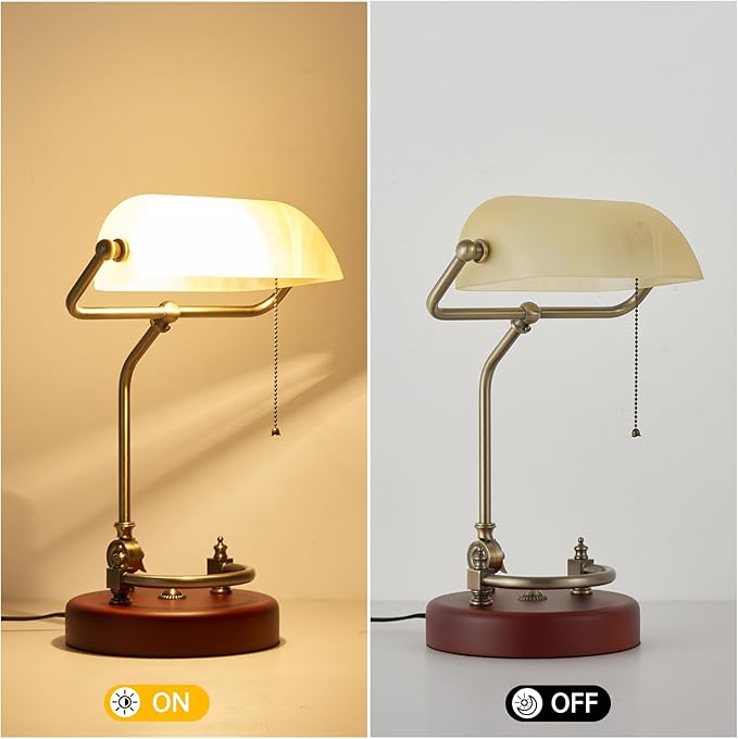 Bankers Lamp, Traditional White Desk Lamp with Solid Birch Wood Base, White Glass Antique Library Lamp with Pull Chain Switch, Plug in Vintage Bankers Desk Lamp for Office, Study Room 【E26 Socket】