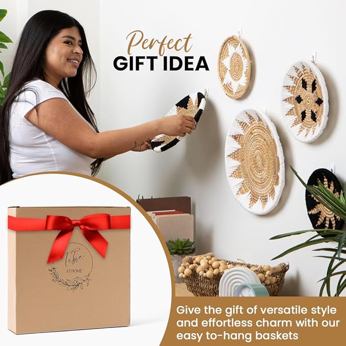 Tebie At Home Boho Wall Art - Boho Wall Baskets Decor - Handmade Set of 5 Woven Baskets With Seagrass - Flat Elegant Art for Farmhouse and Rattan Decor for Living Room, Bedroom and Office