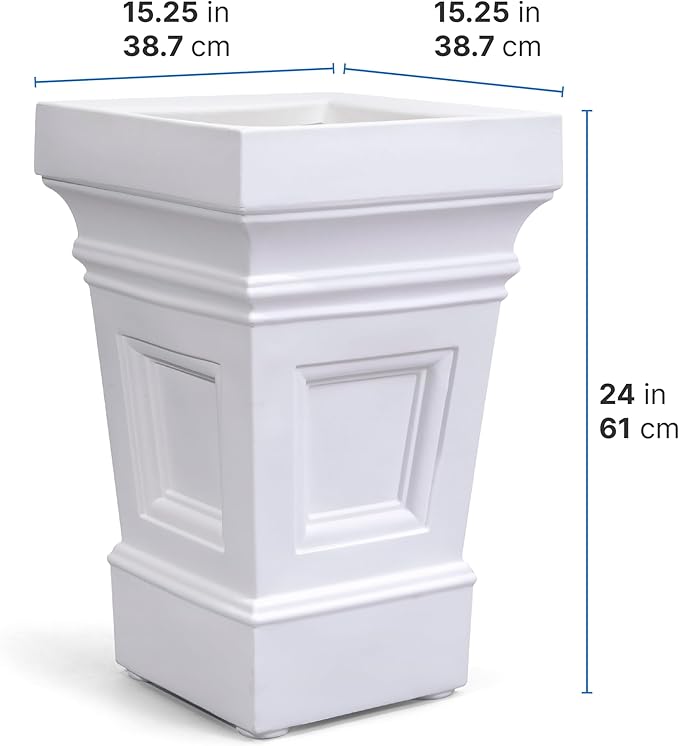 Step2 Atherton Square Planter, Large Planters for Outdoor Plants, Gardening and Flower Pot for Patio or Porch, Efficient Drainage, Durable Plastic, Classic White