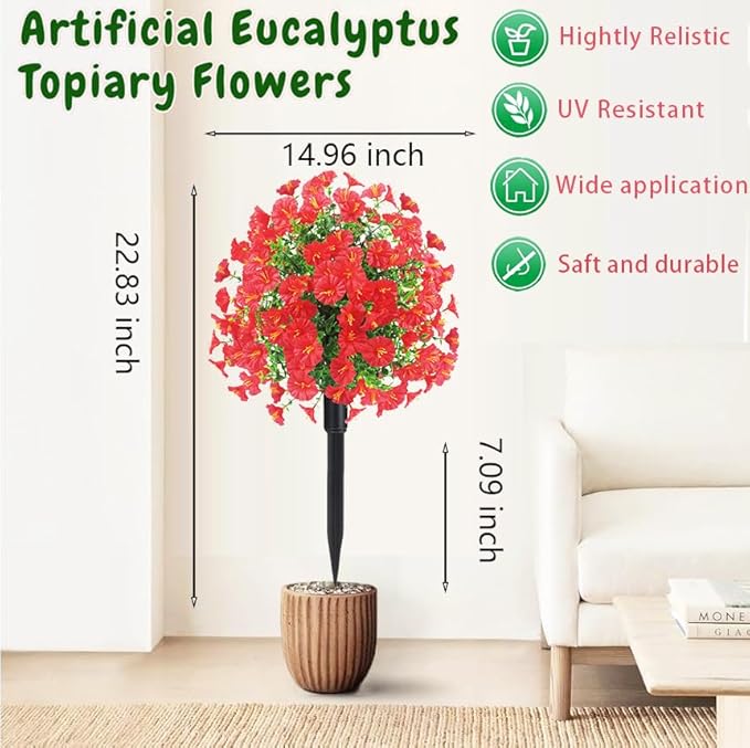 22.8" Set of 2 Fall artificial Boxwood topiary Ball tree for outdoors with Spike,UV Resistant Faux Shrubs Outdoor with morning glory flowers,Faux Plants Bushes for Garden Porch Yard Patio Decor(Red)