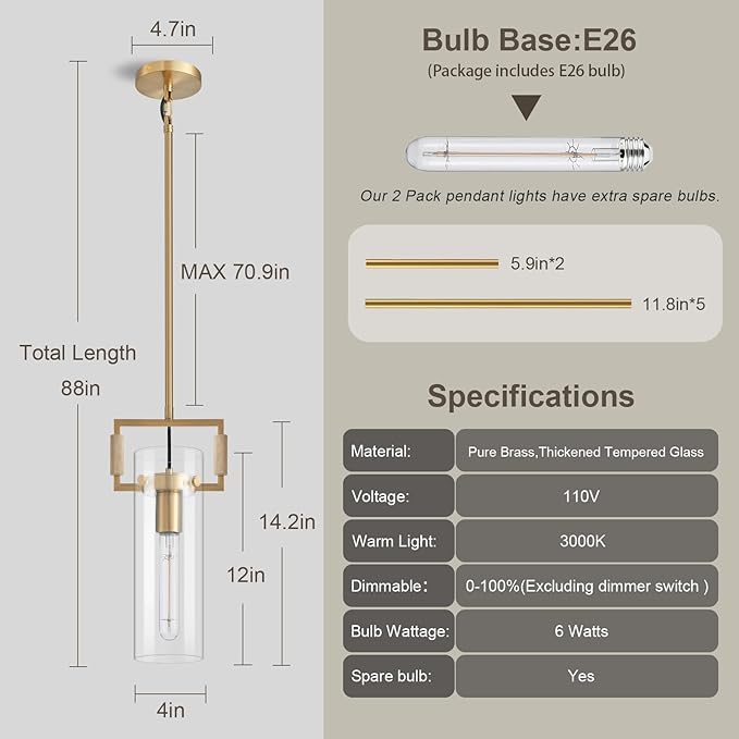 Modern Brass Island Pendant Lights 2 Pack,12'' Glass Light Pendant,Gold Kitchen Island Pendant Light Fixtures,Farmhouses Pendant Light, for Kitchen,Dining Room,Bathroom,Bulbs Included