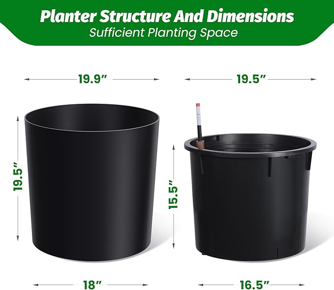 Tall Round Planter Set of 2, 20" Large Planter Pots with Built-in Drainage and a Water Level Monitor and Wheels for Patio, Porch, Living Room, or Home Office