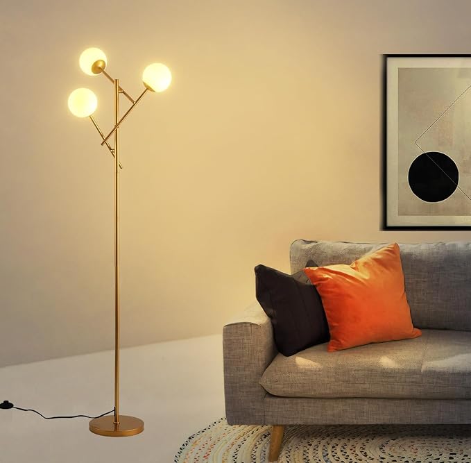 Fiqevs Globe Floor Lamp with 3 Adjustable Orb Lampshade, Gold Mid Modern Frosted Glass Standing Lamp Bulbs Included, Sputnik Tree Tall Pole Lamp for Living Room, Bedroom - Antique Brass