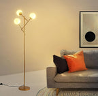Fiqevs Globe Floor Lamp with 3 Adjustable Orb Lampshade, Gold Mid Modern Frosted Glass Standing Lamp Bulbs Included, Sputnik Tree Tall Pole Lamp for Living Room, Bedroom - Antique Brass