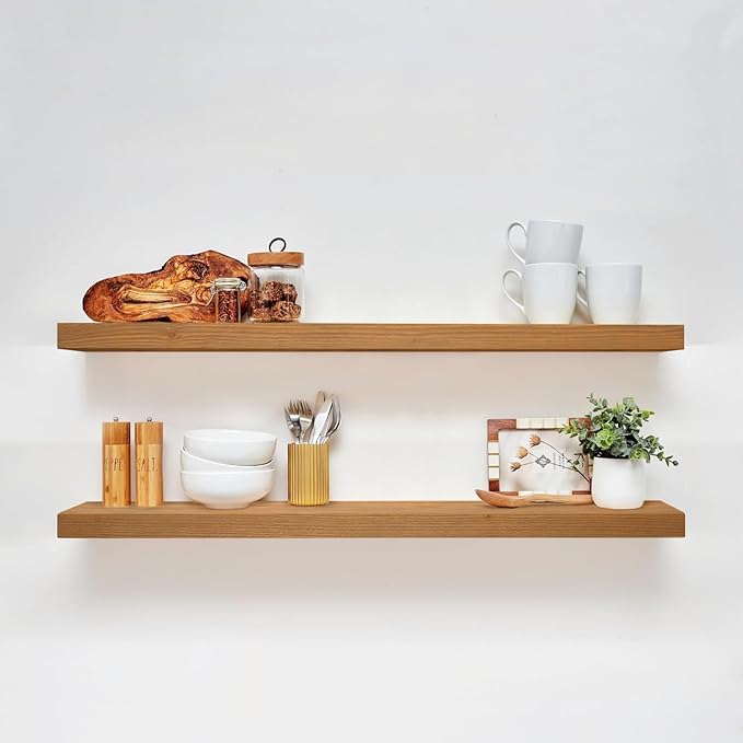 Homeforia 42 inch Golden Oak Floating Shelf, High End Solid Real Wood 42inch Small Floating Shelves for Wall Mounted, Oak Wooden 42in Floating Shelves, Heavy Duty Bracket, 42 X 6.5 X 1.75 in, Set of 2