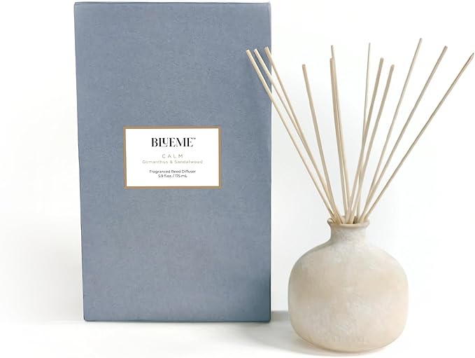 BLUEME Calm-Osmanthus & Sandalwood, 5.92 Fl Oz Wellness Diffuser, Contains Essential Oil, Sustainable, Hand Finished, Premium, Luxury Ceramic, Natural Rattan Reeds