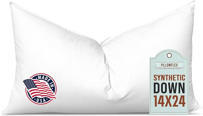Pillowflex Synthetic Down Pillow Insert - 14x24 Down Alternative Pillow, Ultra Soft, Large Rectangle, Lumbar, Travel, Neck, Sleeping Pillow - 1 Decorative Pillow Form