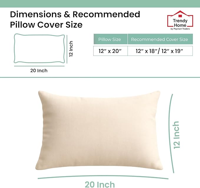 Trendy Home 12x20 100% Natural Cotton Throw Pillow Insert(Set of 2), Bed and Couch Pillows Stuffer Hypoallergenic, Decorative Home Outdoor Sofa Pillow Filler (Cotton, 2 Pack)