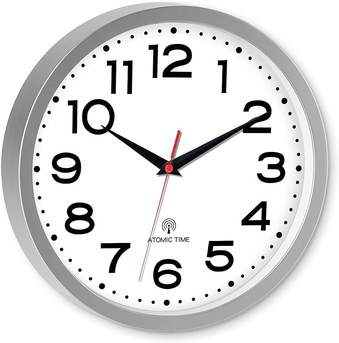 Atomic Wall Clock 14 Inch, Modern Clock Battery Operated Classic Analog Decorative for Kitchen, Living Room, Office, Bedroom, Bathroom (Silver)