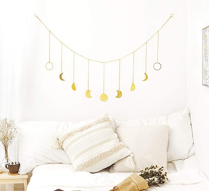 Mkono Moon Phase Wall Hanging Boho Aesthetic Room Decor Metal Moons Garland Hanging Art Bohemian Home Decoration for Girls Room Nursery Bedroom Livingroom Dorm, Ideal, Gold, 50"