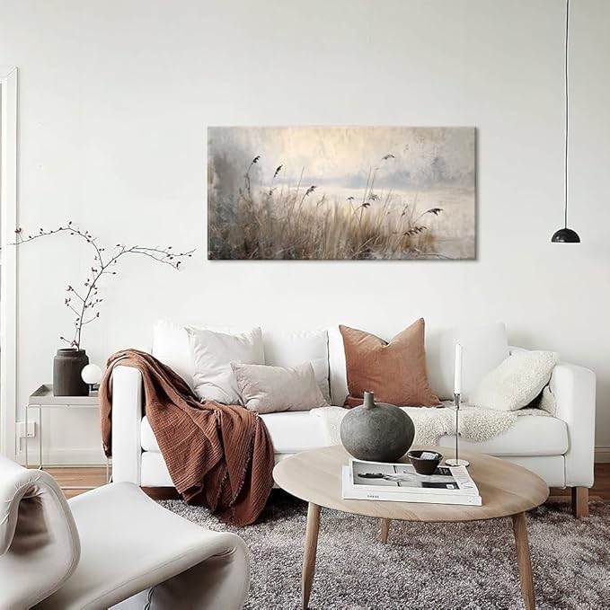 LASMOND Vintage Meadow Wall Art for Living Room Reed Grass Canvas Painting Prints Large Retro Rustic Cottagecore Countryside Landscape Farmhouse Bedroom Artwork Home Decor (30x16 Inches)