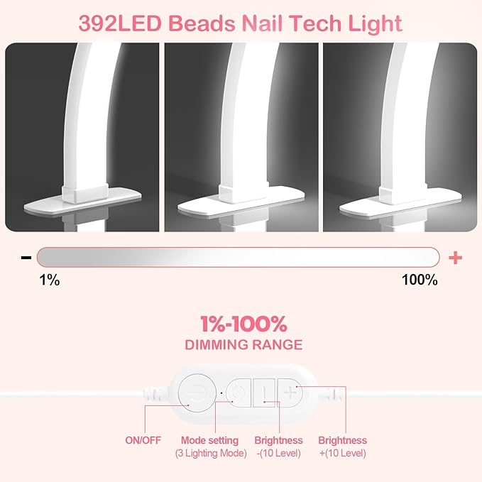 Foldable Large Half Moon LED Light,22" Arch Light with Rhinestone-Encrusted for Table Nail Desk with Phone Stand, Upgrade Arch Light for Nail Techs (White, Small)