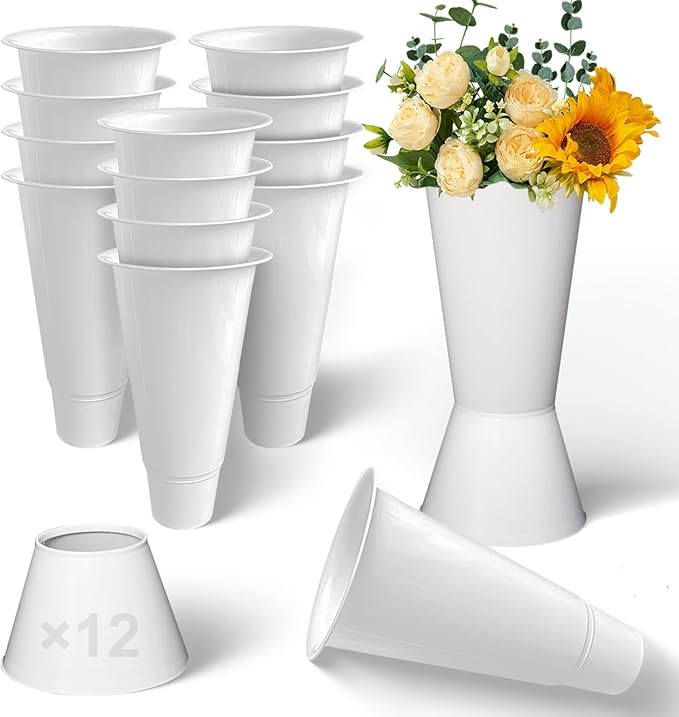 12 Pack Plastic Flower Bucket, 15.5 Inch White Flower Buckets for Cut Flowers with Base, Multi-Purpose Plastic Vase for Flower Display Stand Florist Supplies, Home Wedding Decoration