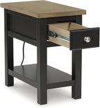 Signature Design by Ashley Drazmine Casual 1 Drawer Chair Side End Table with USB Charging Ports, 1 Lower Shelf and Power Cord, Light Brown & Black