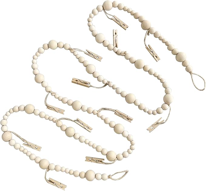 7 Feet Hanging Photo Display with Clips Boho Decor Wooden Bead Garland Birthday Photo Display Holder Frame Decoration for Dorms, Classrooms, Bedrooms