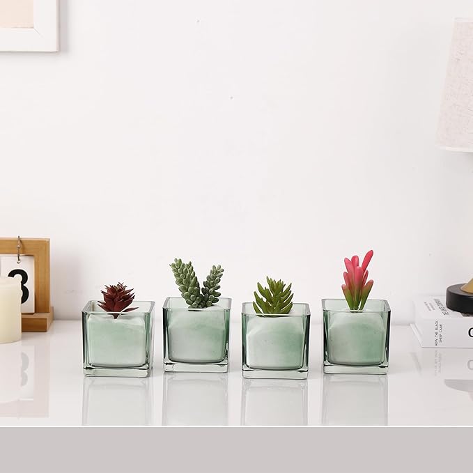 Square Flower Vases Set of 4, 3"x 3"x 3" Glass Vases for Centerpieces, Green Vase for Flowers, Small Vase for Wedding, Party, Home Office Decoration