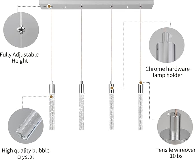 Kitchen Island Lighting Modern Light Fixture Chrome Pendant Light Dimmable LED Chrome Finish Mini Crystal Pendant Lights for Dining Room Living Room（4-Light）