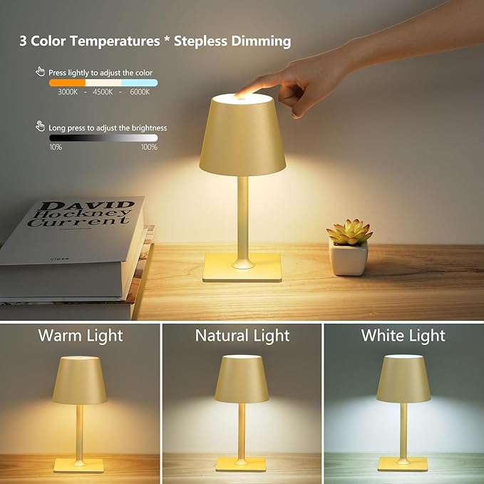 4 Pack Gold Cordless Table Lamps for Gifts, Portable Rechargeable Lamp, 6000mAh Battery Operated lamps, 3 Color Dimmable LED Table Light for Holiday, Christmas, Graduation Gifts, Teacher Gifts