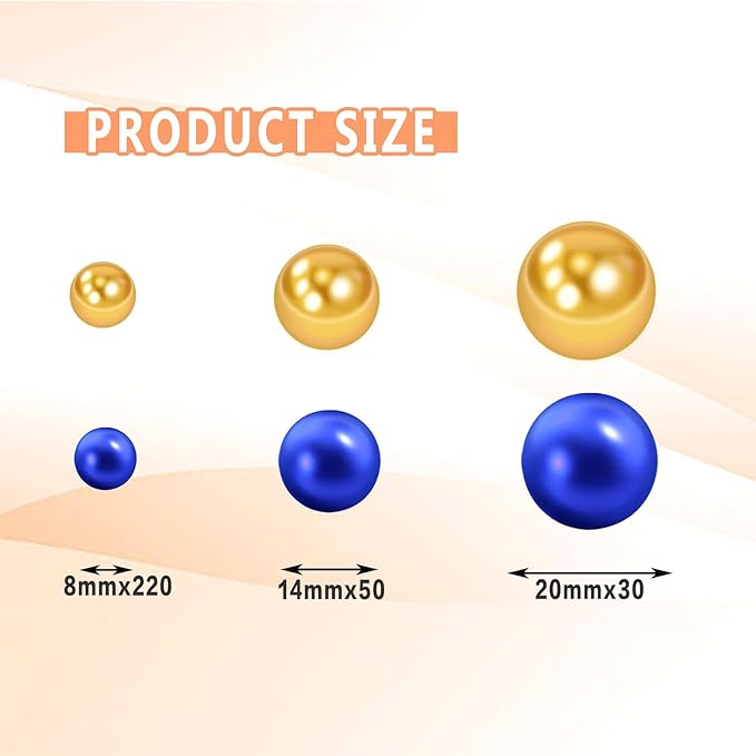 300Pcs Vase Filler Blue and Golden Yellow No Hole Faux Pearl Beads for Vase Filling Decorations, Candle Centerpieces, Wedding Centerpieces, Home Party Decor (8/14/20mm)
