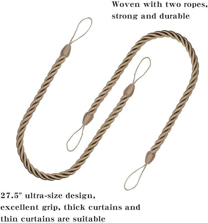BEL AVENIR Curtain Handmade Tiebacks Ropes, Holdbacks with 2 Metal Screw Hooks - Flaxen 2 Pack