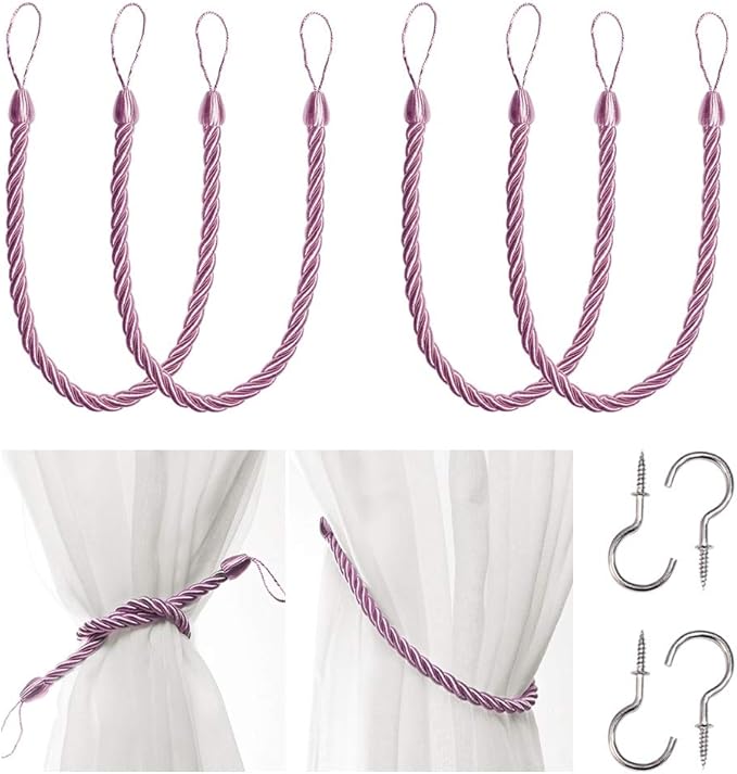 BEL AVENIR Curtain Rope Tiebacks, Drapery Rope Holdbacks with 4 Metal Screw Hooks (Pink, 4pack)