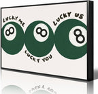 Green 8 Ball Poster, Lucky Me Lucky You Lucky Us Quote Canvas Wall Art, Playful Billiards Balls Picture Print, Retro 8ball Pool Painting for Bar Cart Game Room Man Caves Wall 12x16in Unframed