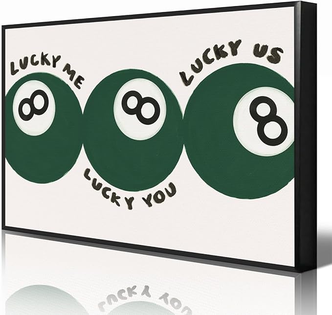 Green 8 Ball Poster, Lucky Me Lucky You Lucky Us Quote Canvas Wall Art, Playful Billiards Balls Picture Print, Retro 8ball Pool Painting for Bar Cart Game Room Man Caves Wall 8x12in Framed