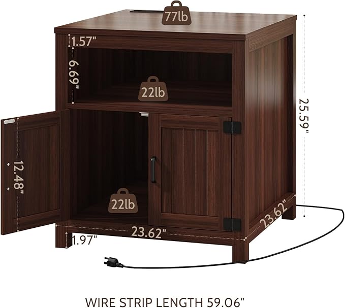 Farmhouse End Table with Charging Station, 24" Large Side Table with Open Shelf and Storage Cabinet, Wood Square Bedside Table Nightstand for Living Room, Bedroom (Espresso)