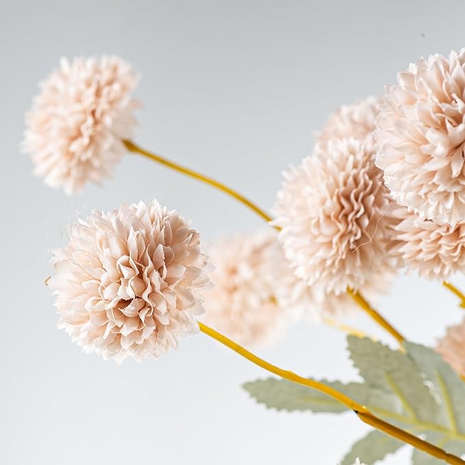 6 Artificial Silk Flowers + 3 Eucalyptus, Artificial Chrysanthemums with Stems for Home Decor, Beige