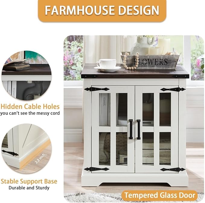 Farmhouse End Table with Charging Station,24" Large Sofa Side Table with Glass Barn Door, Rustic Wood Nightstand Bedside Table with Adjustable Storage Shelf for Living Room, Bedroom,White