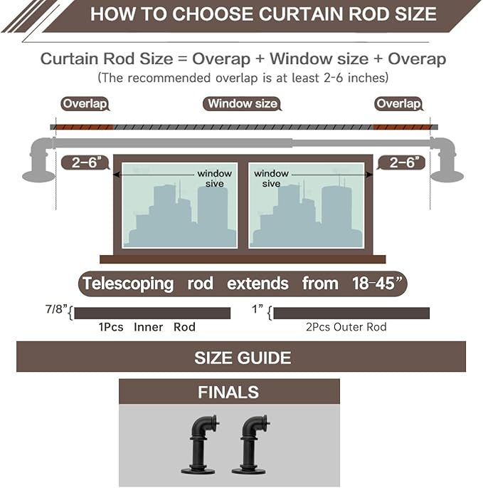 Black Curtain Rods 18 to 45 Inch, Industrial Curtain Rods,Adjustable Length,1 in Diameter Pipe,Wall or Ceiling Mounted,for Bedroom and Living Room(Black 18” to 45”)